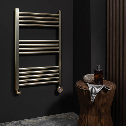 PrimeHeat Brushed Brass Electric Towel Warmer Rail Straight 800mm x 400mm