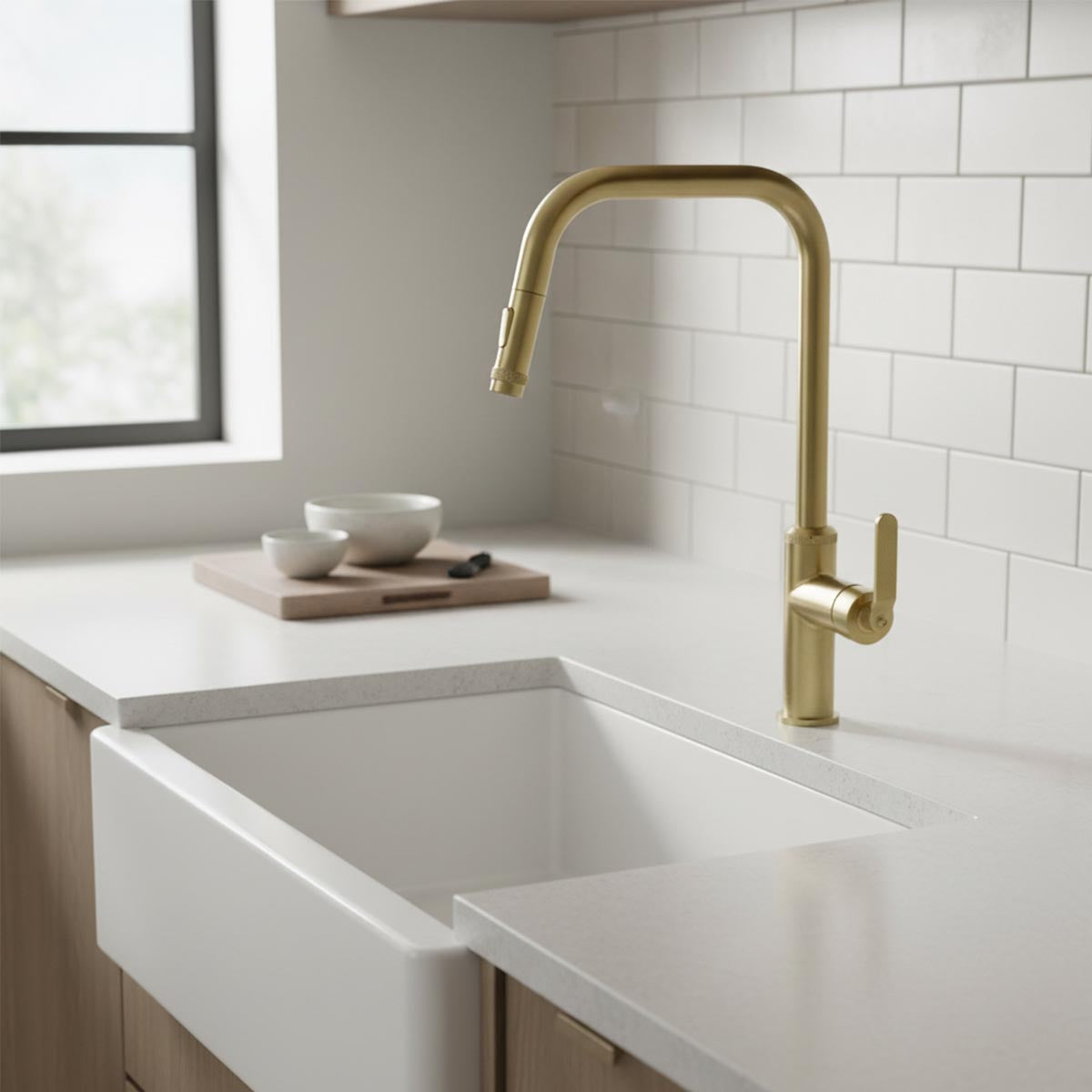brushed brass kitchen tap with hose