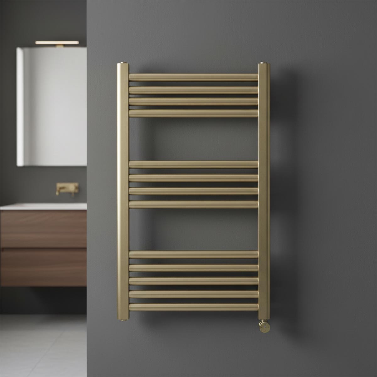 brushed brass electric towel rail with thermostat