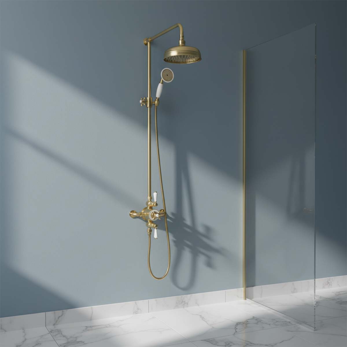brushed brass traditional  exposed shower rail with fixed head and handset