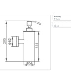 brushed brass wall mounted soap dispenser - technical drawing