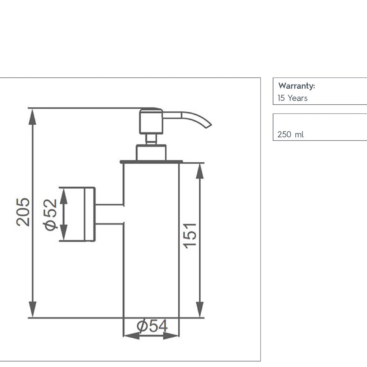 brushed brass wall mounted soap dispenser - technical drawing