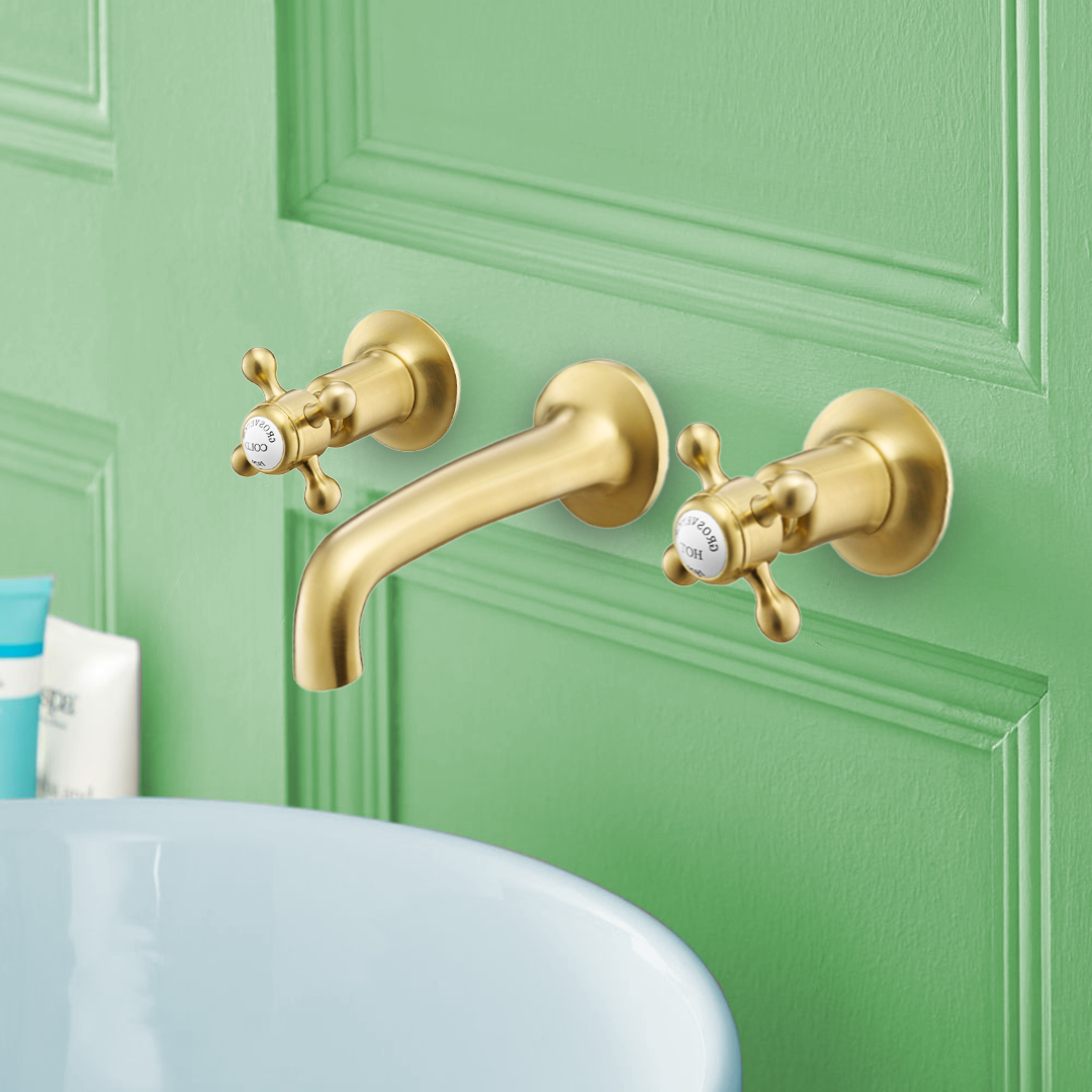 3 hole brushed brass wall mounted tap