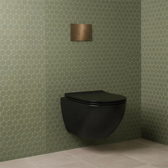 brushed bronze dual flush plate, black wall hung toilet with concealed cistern frame Main image