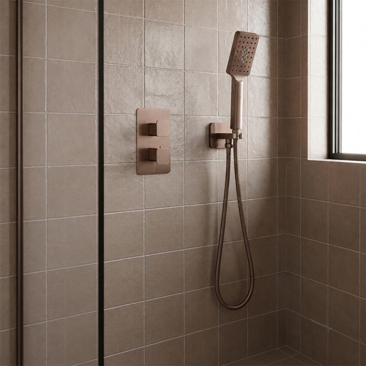  brushed bronze handheld shower head with shower hose and outlet 