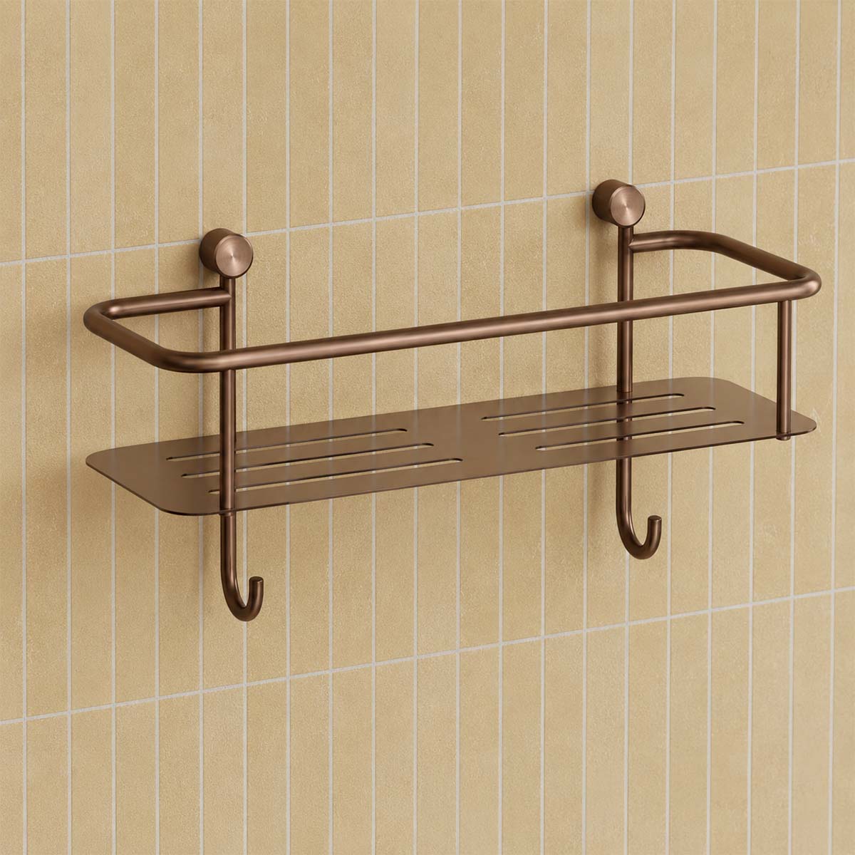 brushed bronze shower basket single tier with hanging hooks