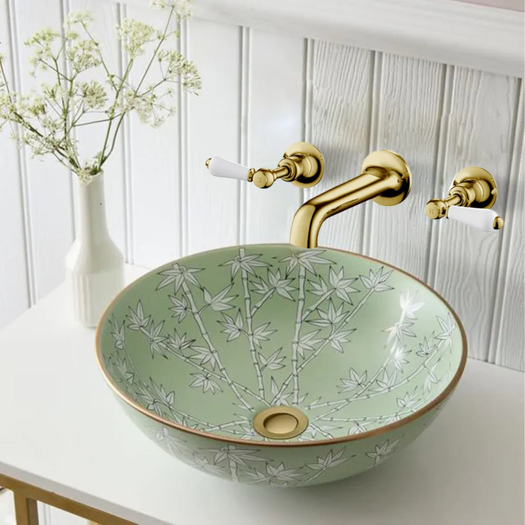 Gold 3 Hole Wall Mounted Traditional Basin Mixer Tap With White Lever Handle