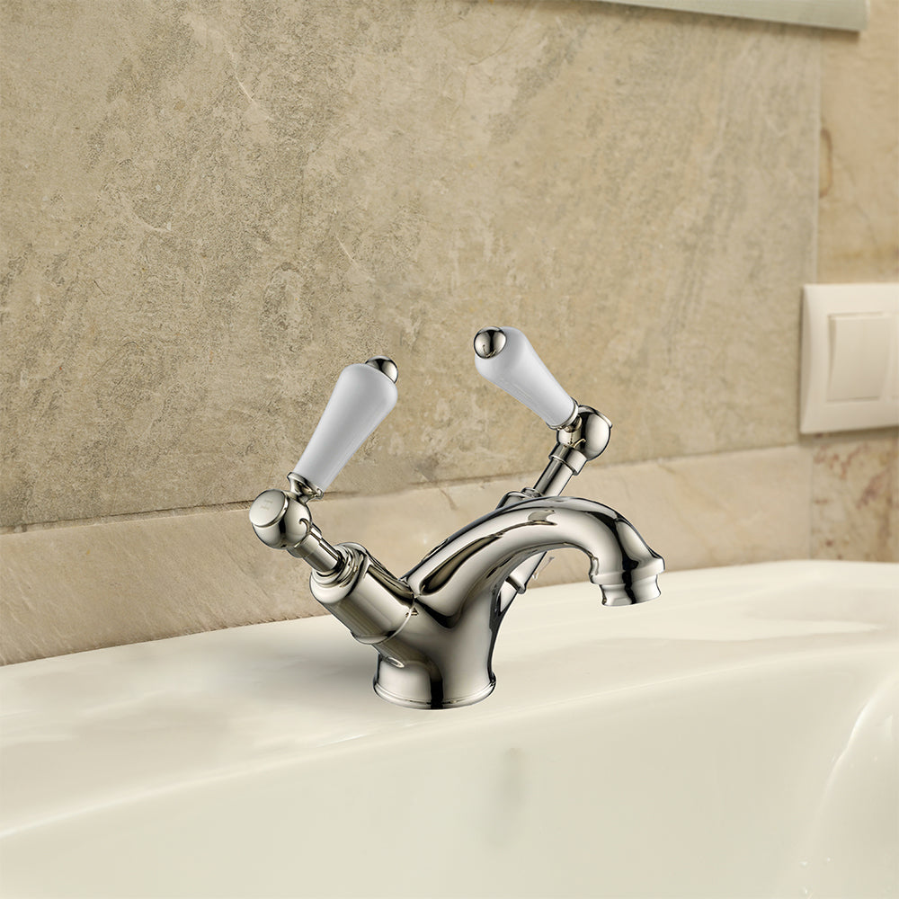 Brushed Nickel 2 lever basin mixer tap with waste