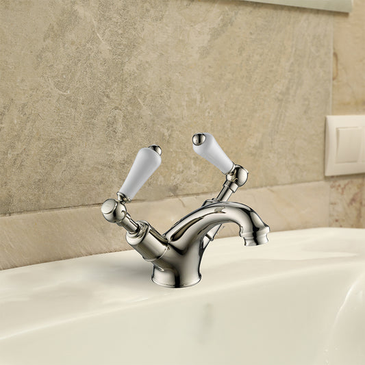 Two Lever Basin Mixer Tap With Pop-up Waste - Brushed Nickel 1000