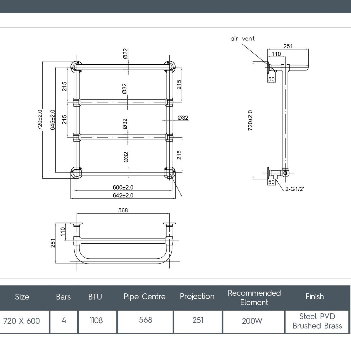 brushed nickel dual fuel towel rail technical details