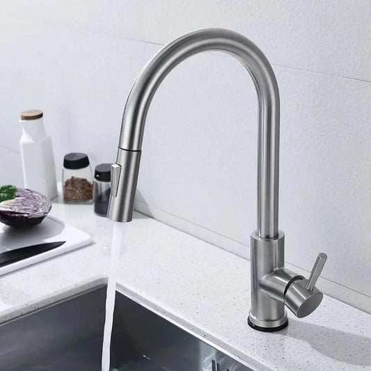 Brushed Stainless Steel Kitchen Mixer Tap with Pull-Out Spray