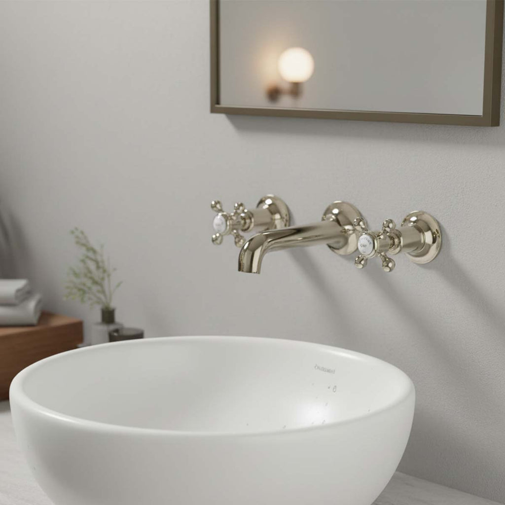 Brushed nickel 3 hole wall mounted basin mixer tap