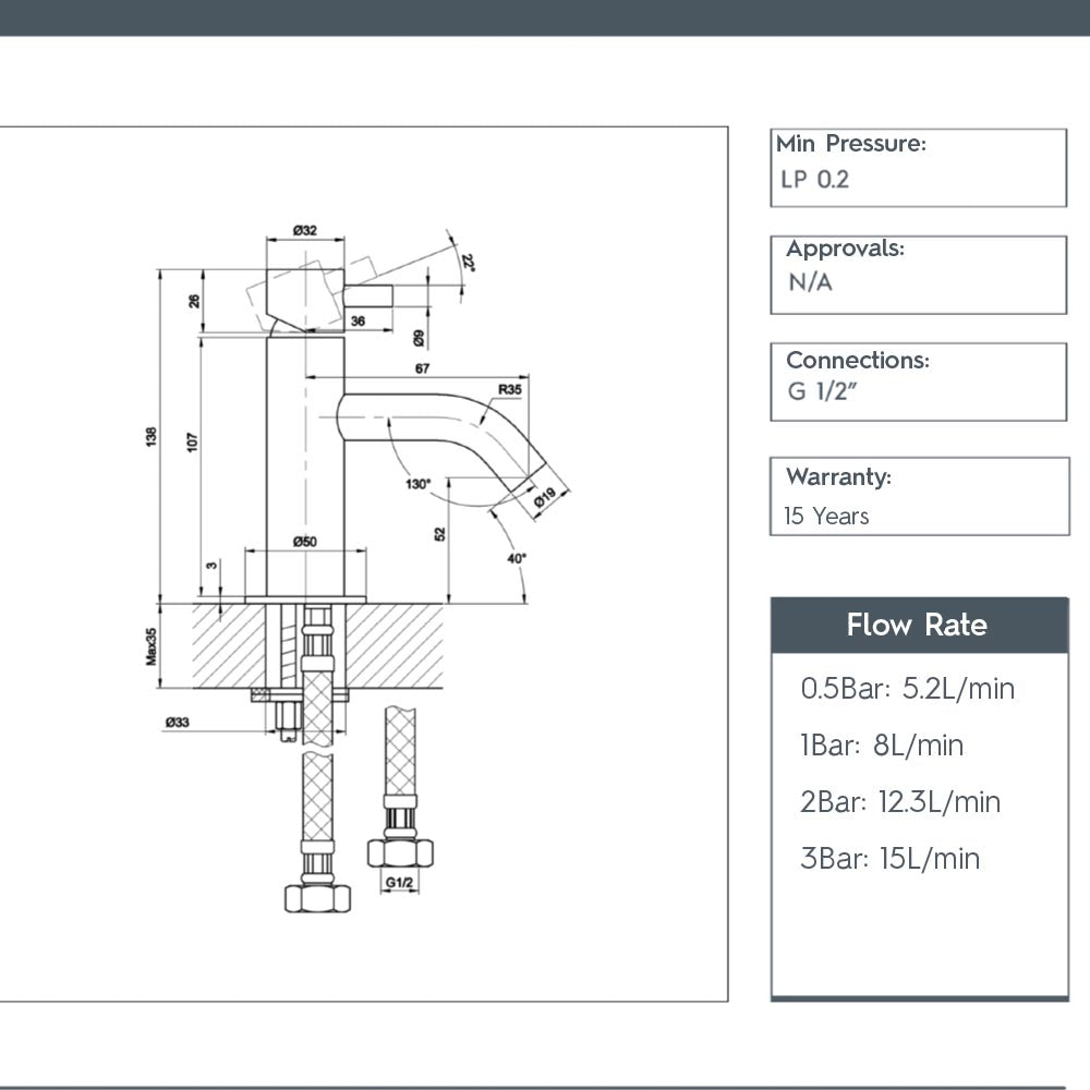 chrome basin tap - technical drawing 