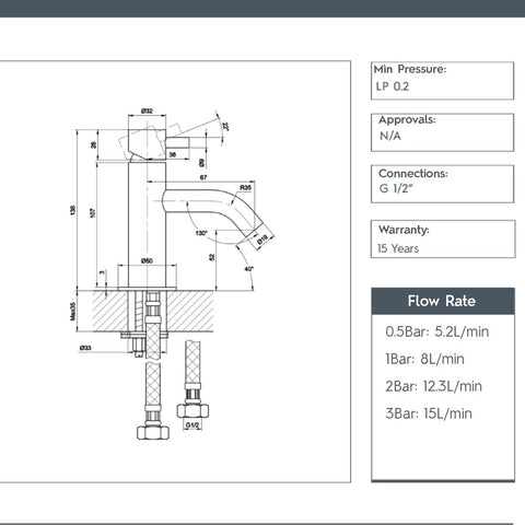 chrome basin tap - technical drawing 