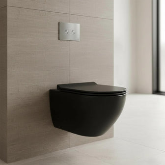 concealed cistern frame with stainless steel flush plate and black wall hung toilet  Main image
