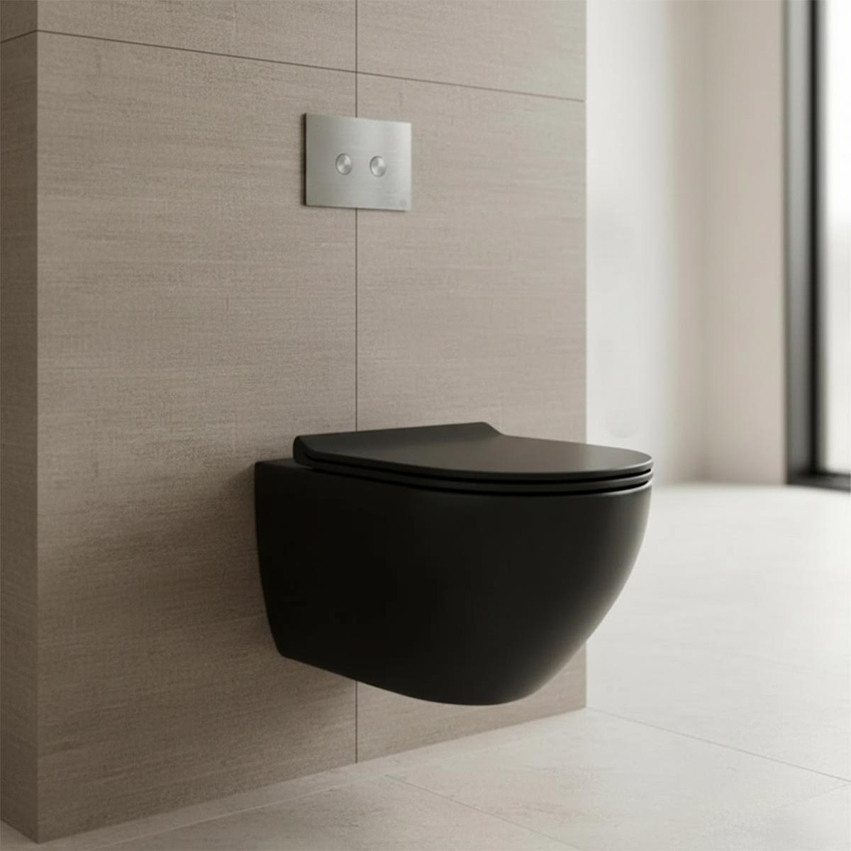 concealed cistern frame with stainless steel flush plate and black wall hung toilet 