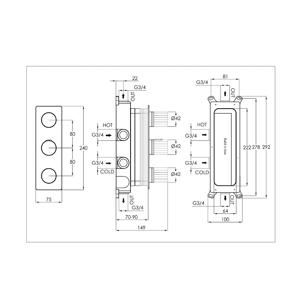 concealed thermostatic shower mixer valve for two outlets with three dials 