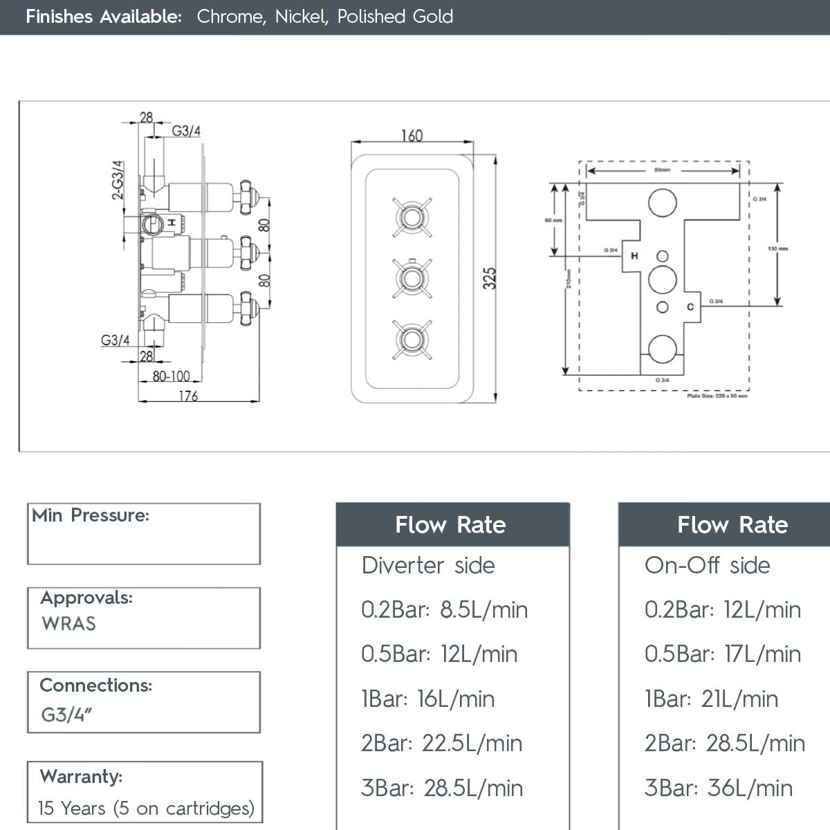 concealed thermostatic shower valve 3 outlets - nickel 