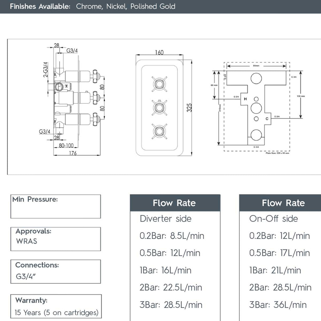 concealed thermostatic shower valve 3 outlets - nickel 