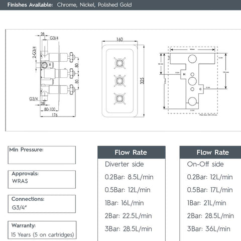 concealed thermostatic shower valve 3 outlets - nickel 