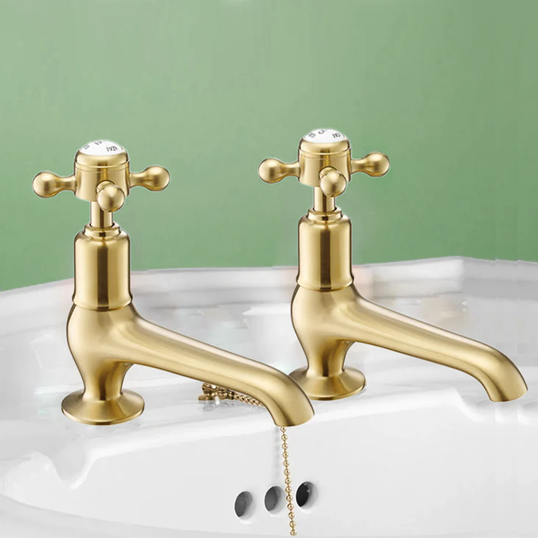Gold Long-Nose Pillar Tap| Deck-Mounted Crosshead Basin Taps| Tapron UK