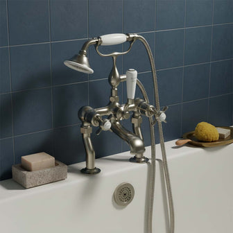 deck mounted brushed nickel bath tap with shower head  Main image