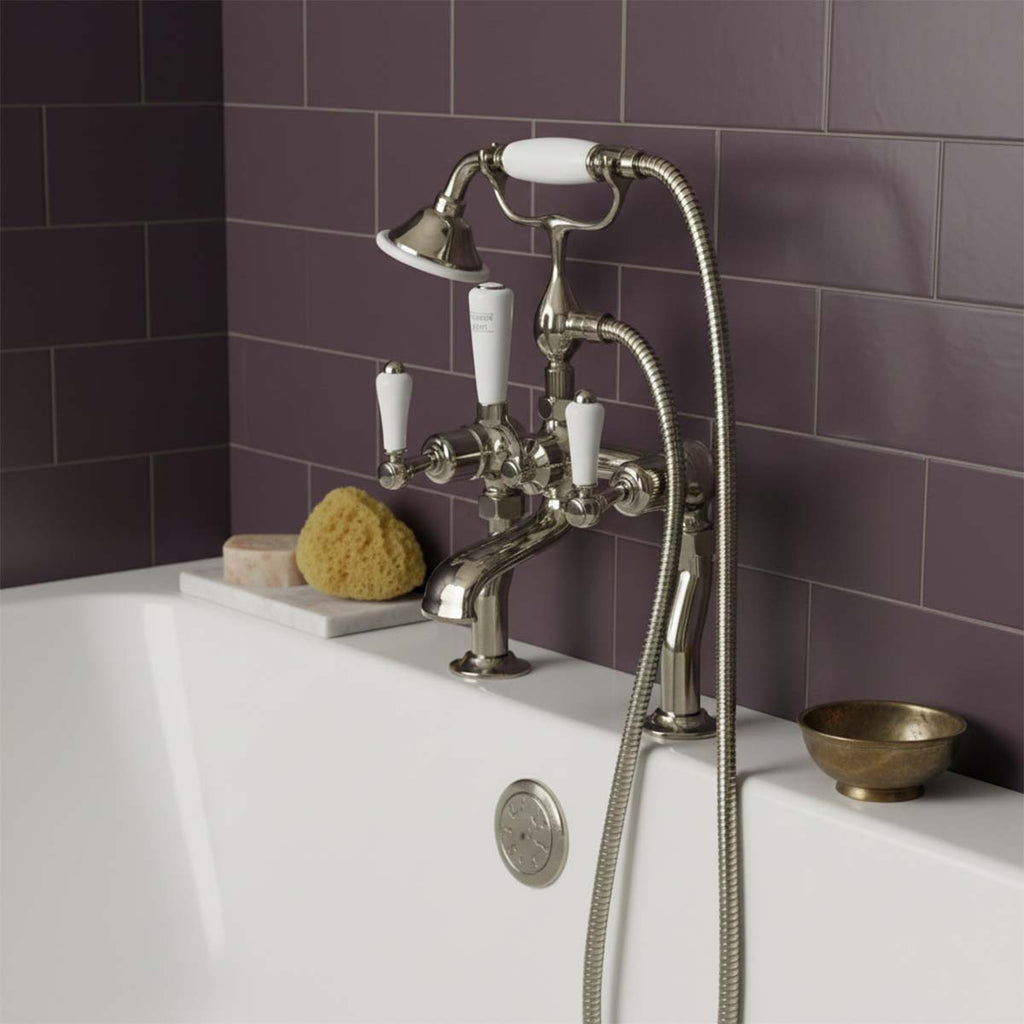 deck mounted lever bath tap with shower - brushed nickel 