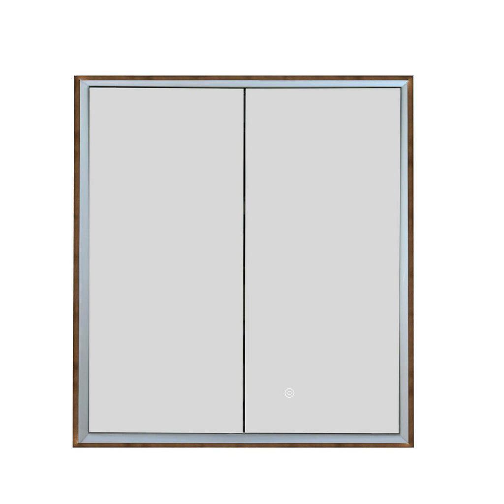 double door bathroom cabinet with mirror, defogger and shaving socket - bronze frame 