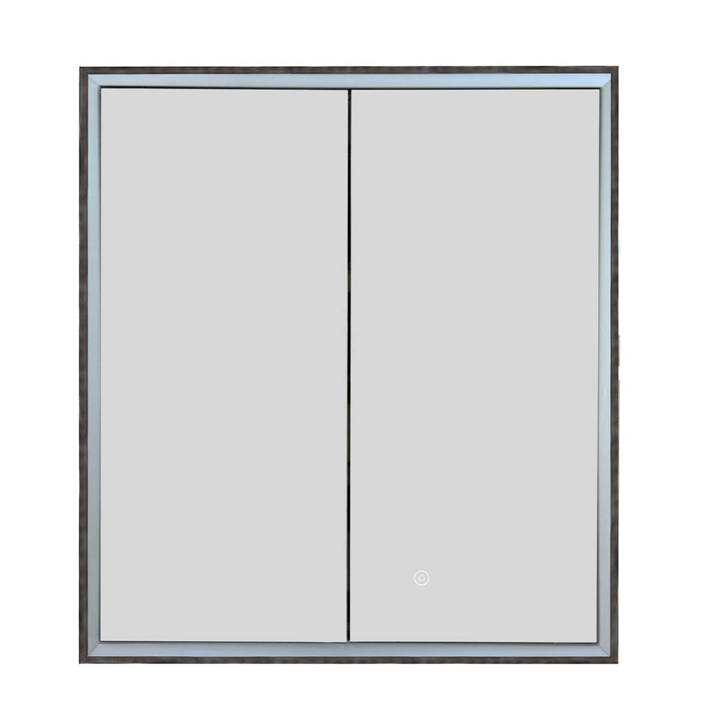 double door bathroom cabinet with mirror, defogger and shaving socket - brushed black frame 