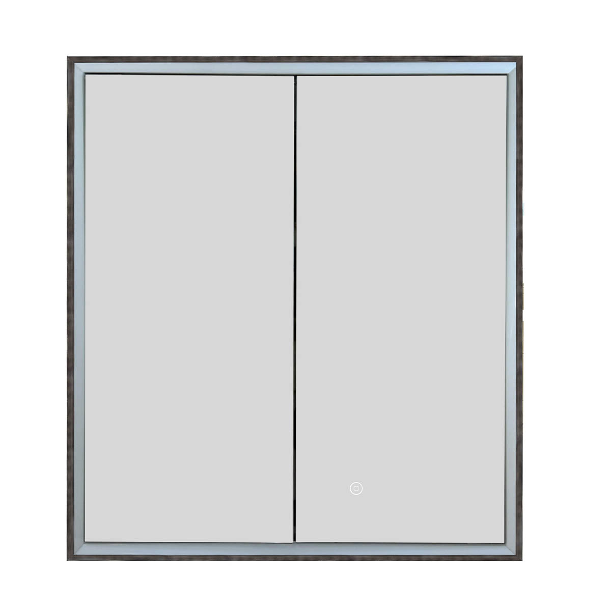 double door bathroom cabinet with mirror, defogger and shaving socket - brushed black frame 