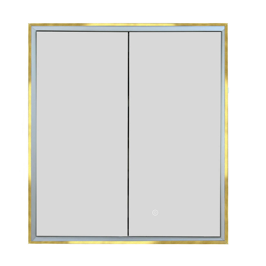double door bathroom cabinet with mirror, defogger and shaving socket - brushed brass frame 