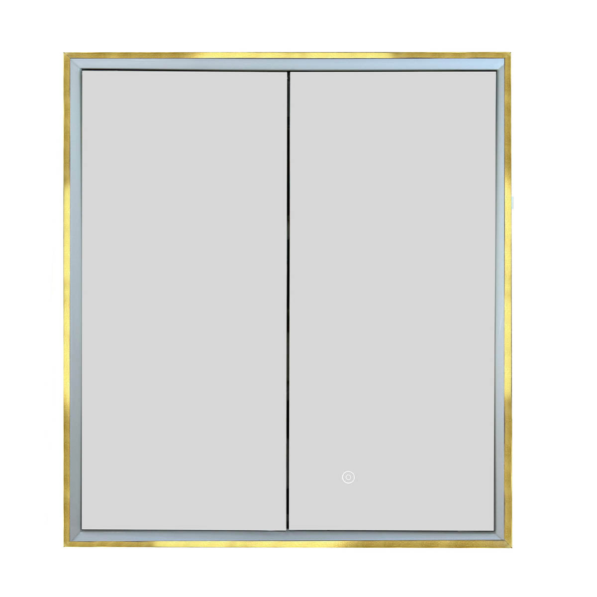 double door bathroom cabinet with mirror, defogger and shaving socket - brushed brass frame 