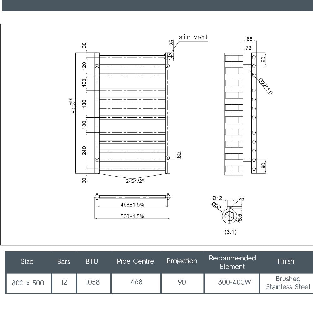 dual fuel stainless steel towel rail 800 x 500