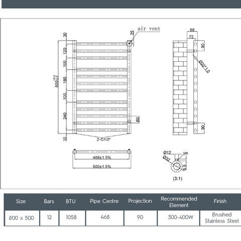dual fuel stainless steel towel rail 800 x 500