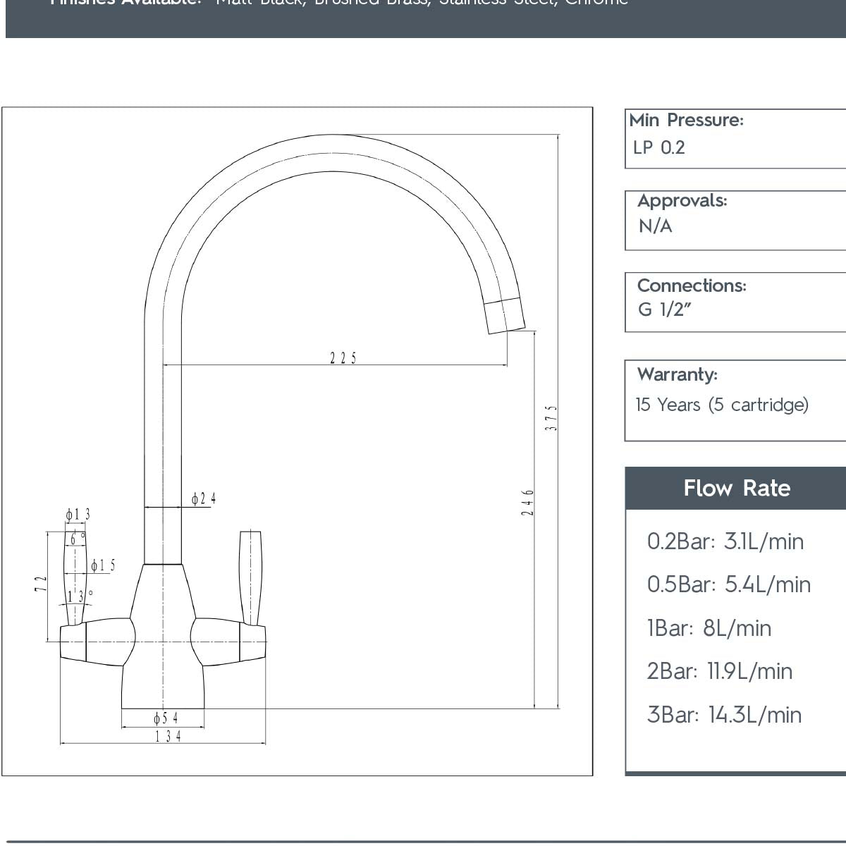 dual lever kitchen tap technical details 