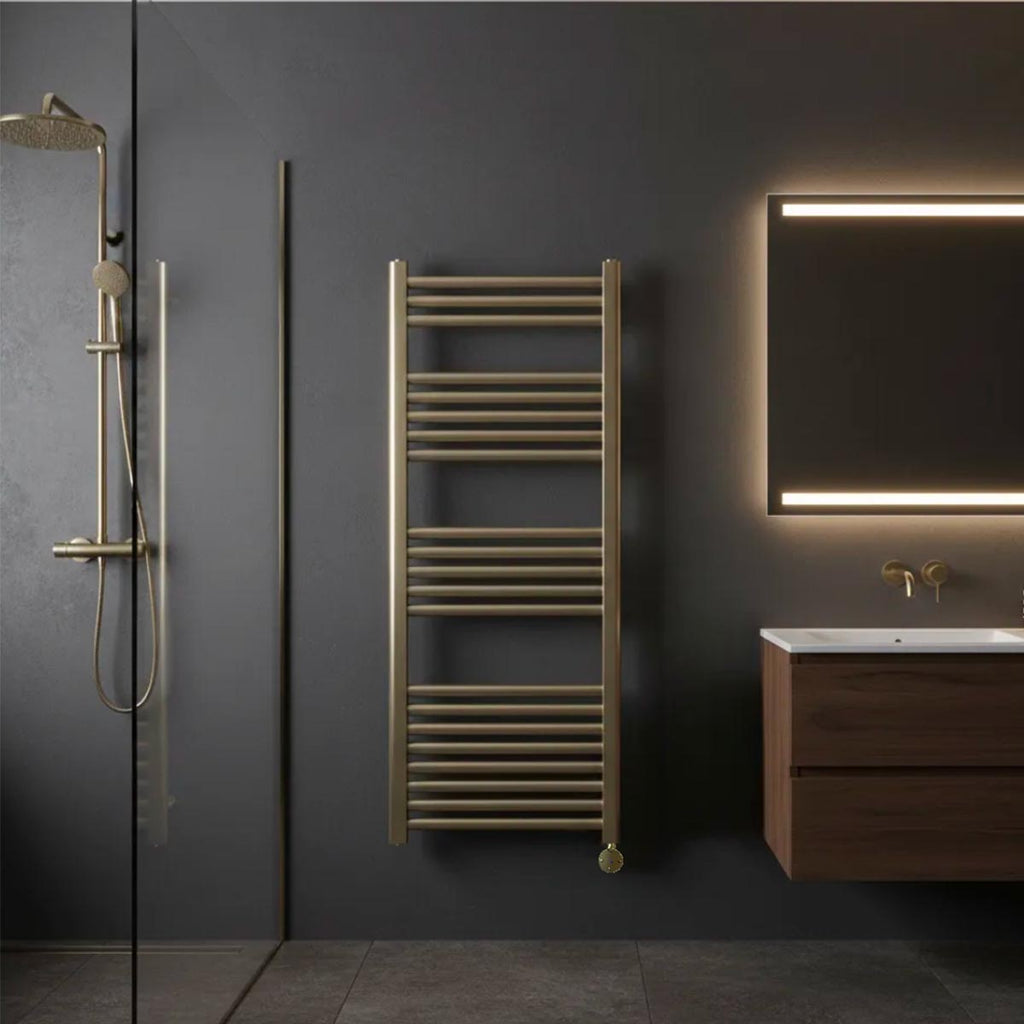 brushed brass electric towel rail with thermostat
