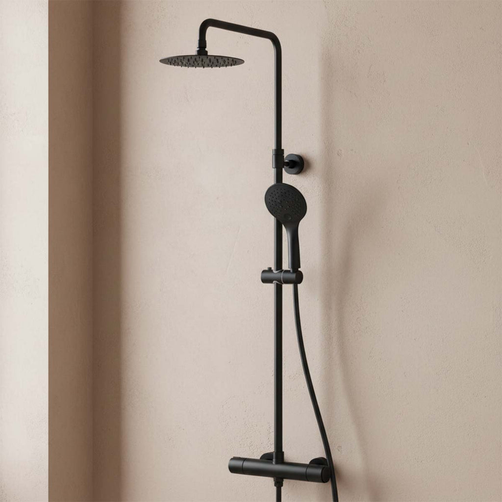 exposed thermostatic shower valve with rigid riser and handset