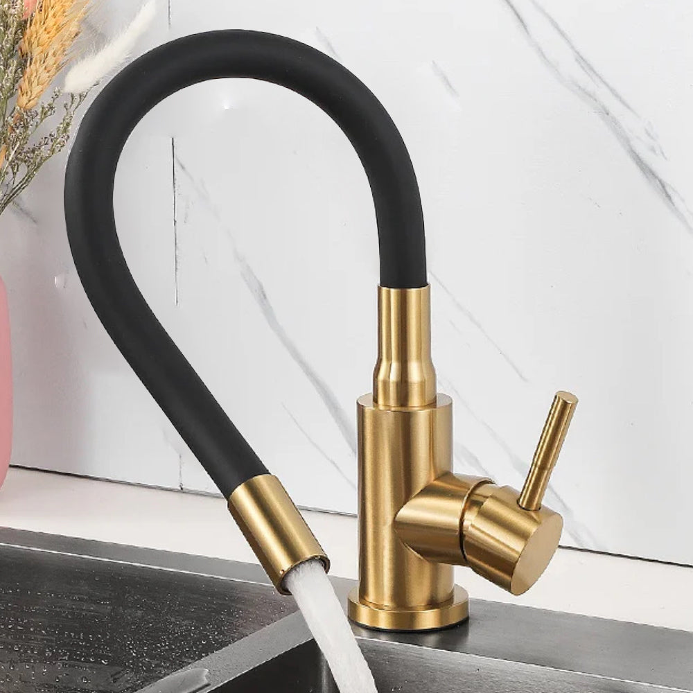 flexible_kitchen_mixer_tap_gold_body_black_tube