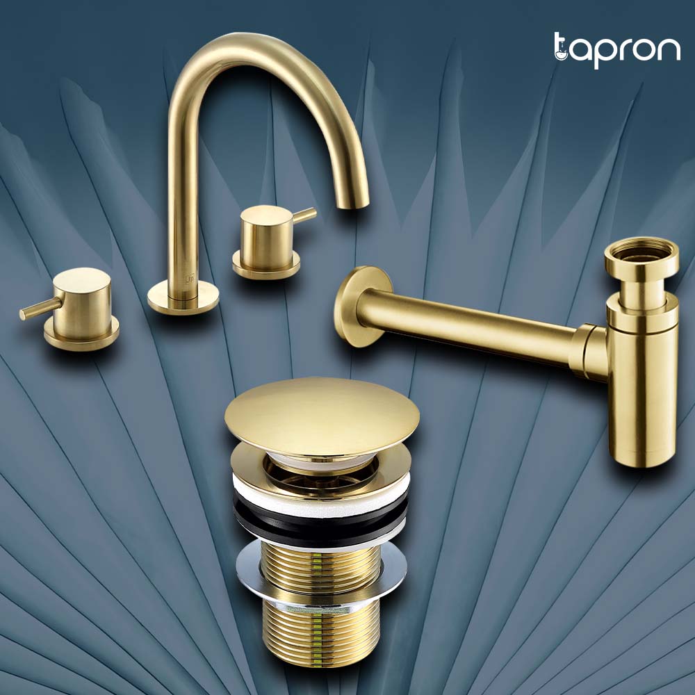 Brushed Brass Basin Set with Deck Tap, Basin Waste ! TAPRON UK
