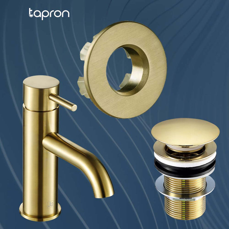 Brushed brass unslotted basin waste, single lever basin mixer tap, basin sink overflow cover