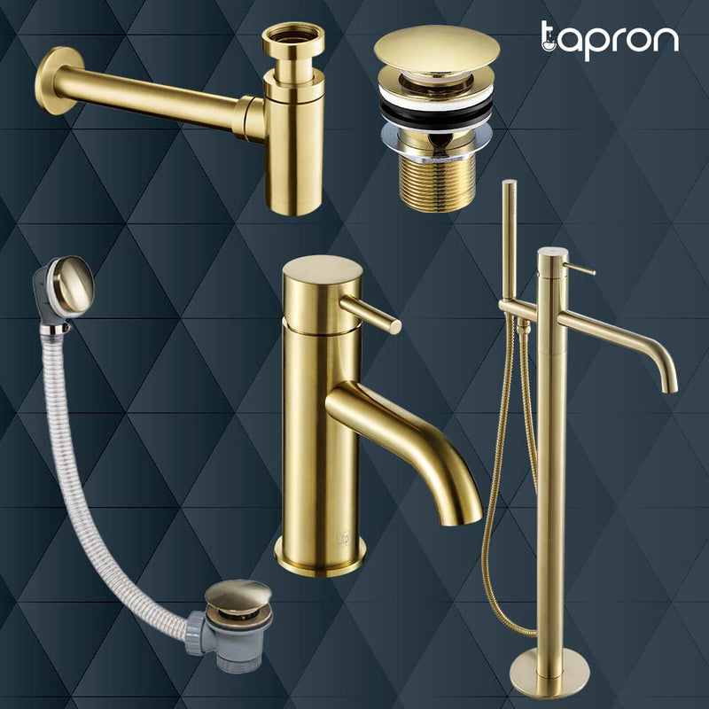 Gold bath shower mixer taps, slotted Basin Waste, single lever basin mixer taps, gold click clack waste, brass bottle trap