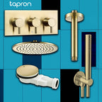  ceiling mount shower arm, flexible shower waste, gold Shower Head round, 2 outlet thermostatic shower valve, shower handset for bath.