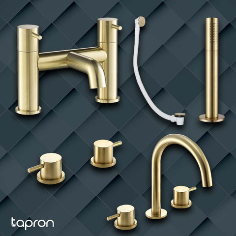 Gold Pullout Shower Handle, gold deck panel valve, Gold click clack waste, 3 hole Deck mounted Basin mixer, deck mounted bath filler tap