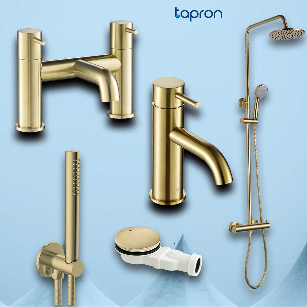 Bath filler tap with shower kit, slim shower waste, thermostatic Shower Valve, single lever basin taps, gold Shower Handle Main image