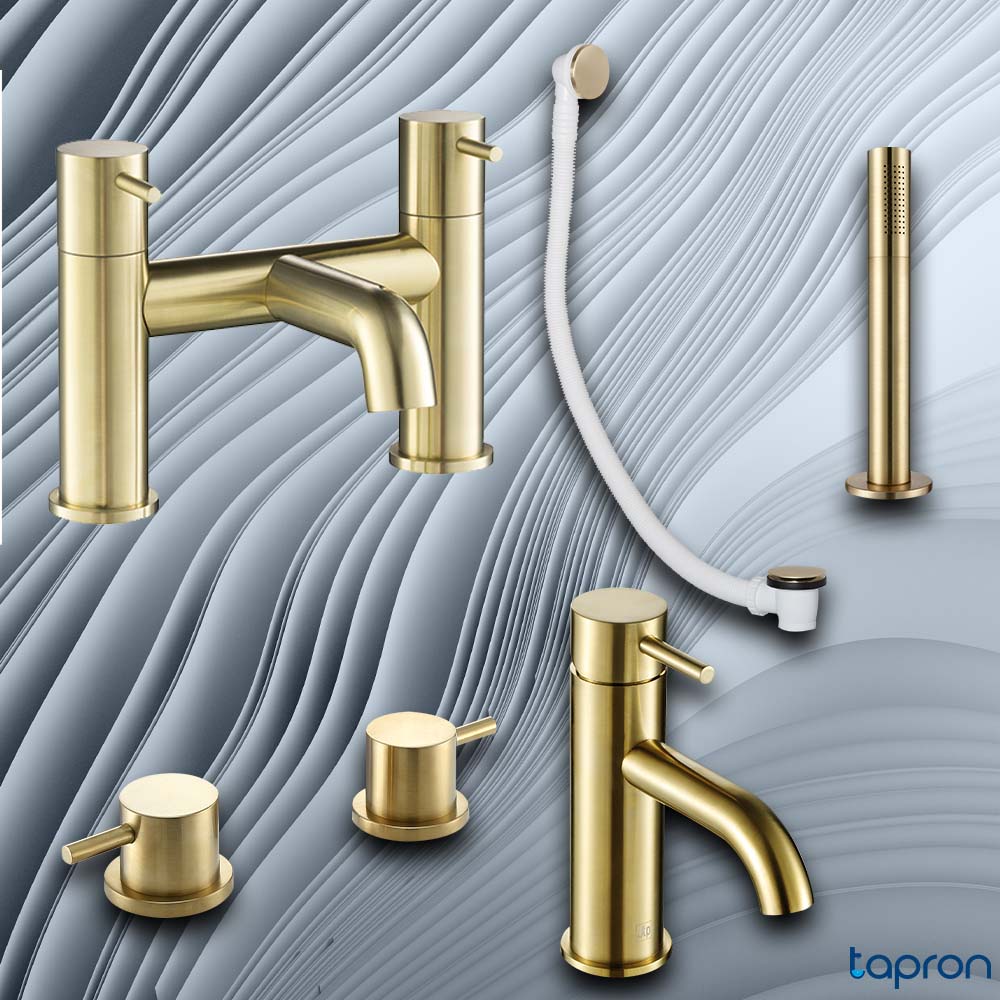 Shower Handle with Overflow Waste, gold deck panel valves, deck mounted bath Filler Taps, Gold click clack waste, single lever basin mixer taps