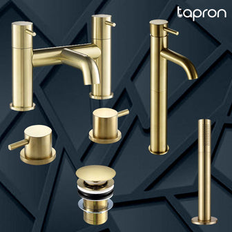 Deck mounted bath Filler Taps, deck mounted panel valve, gold Pullout Shower Handle, deck Mounted Basin Tap, gold slotted basin waste Main image