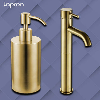 gold deck mounted soap dispenser with tall basin mixer tap Main image