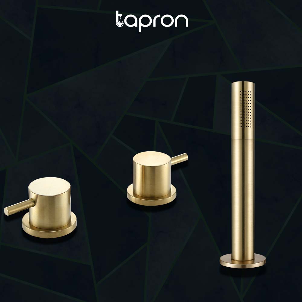 Gold pullout shower handle, overflow waste, and deck valves Main image