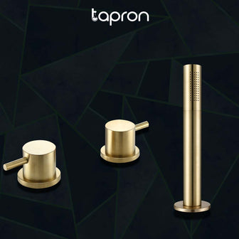 Gold pullout shower handle, overflow waste, and deck valves Main image