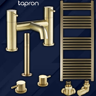 Bath Filler,  panel Valves, Gold  Shower Handle, Radiator Valve, brushed gold heated towel rail Main image